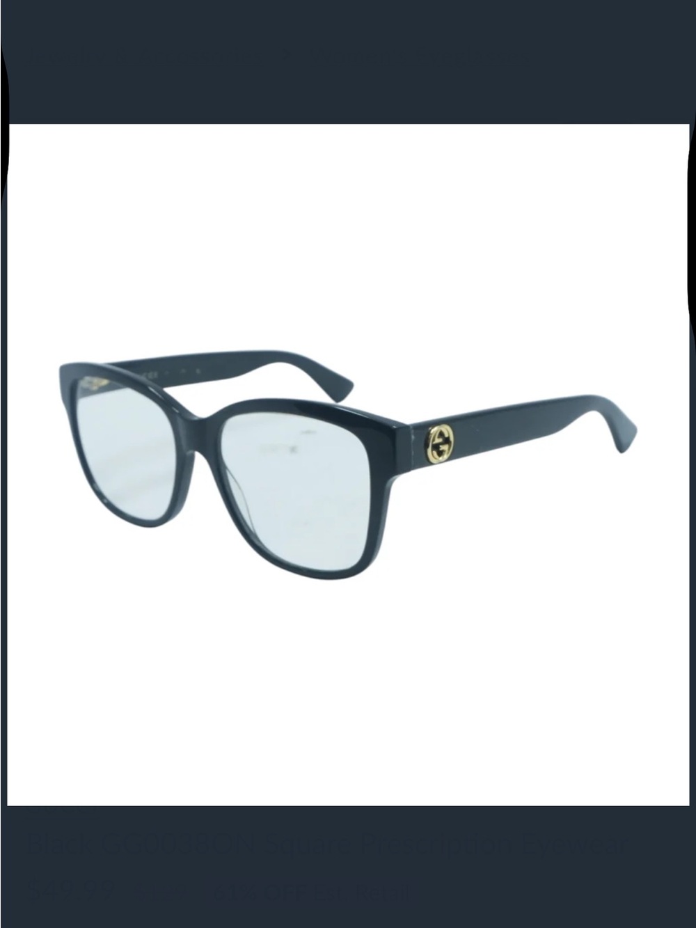 Gucci Black Women's Square Eyeglasses with Gold Logo Accent